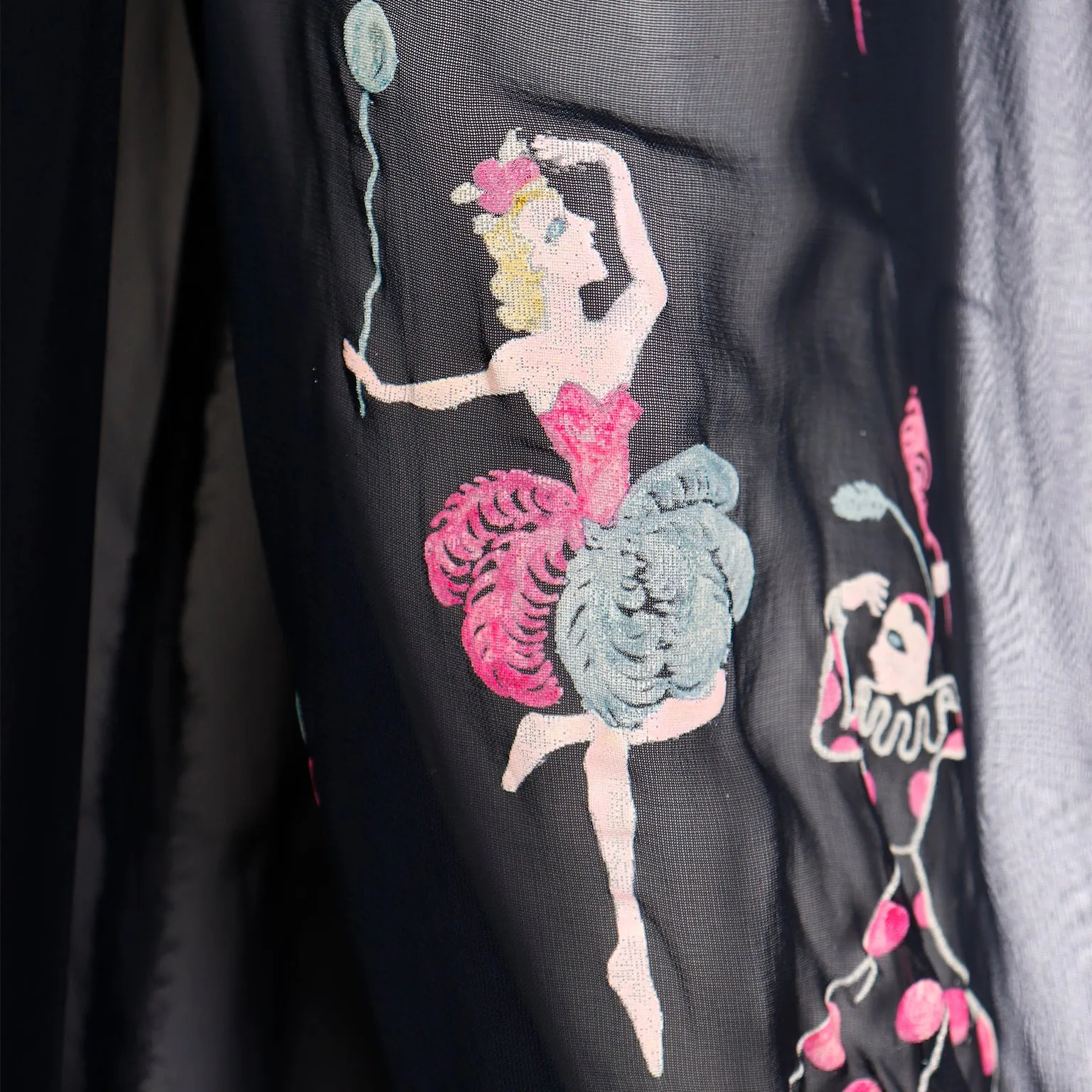 1940s Black Sheer Rayon Top W Colorful Hand Painted Circus Performers