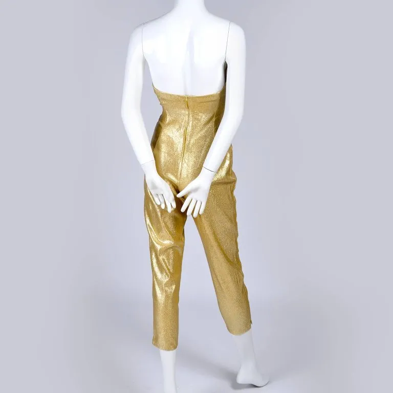 1950s Strapless Vintage Jumpsuit in Gold Lurex w/ Rhinestones & Pearls