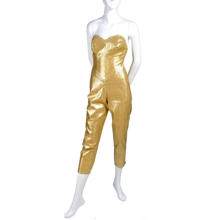 1950s Strapless Vintage Jumpsuit in Gold Lurex w/ Rhinestones & Pearls