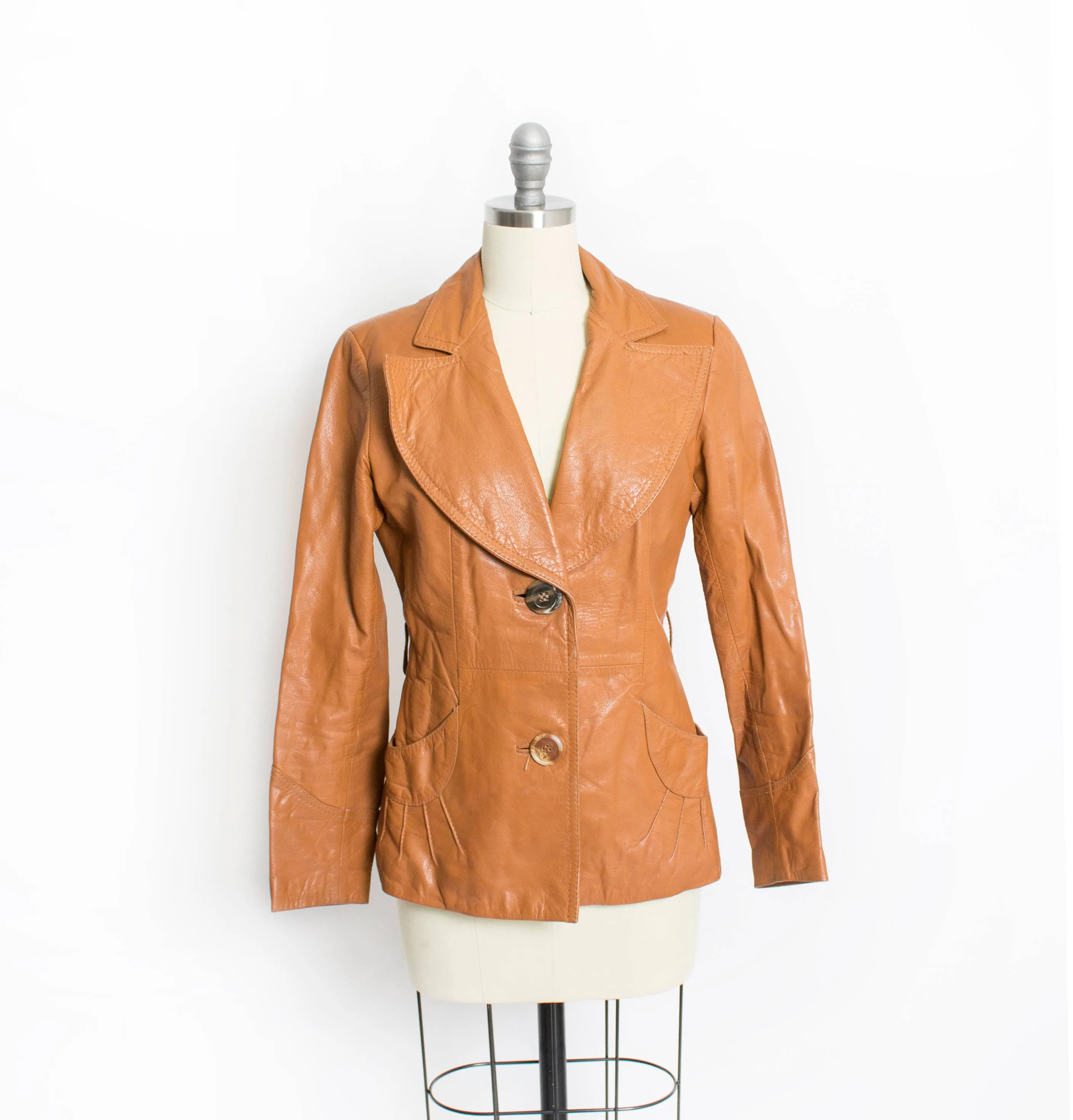 1970s Leather Jacket Sunburst Brown Cropped Small