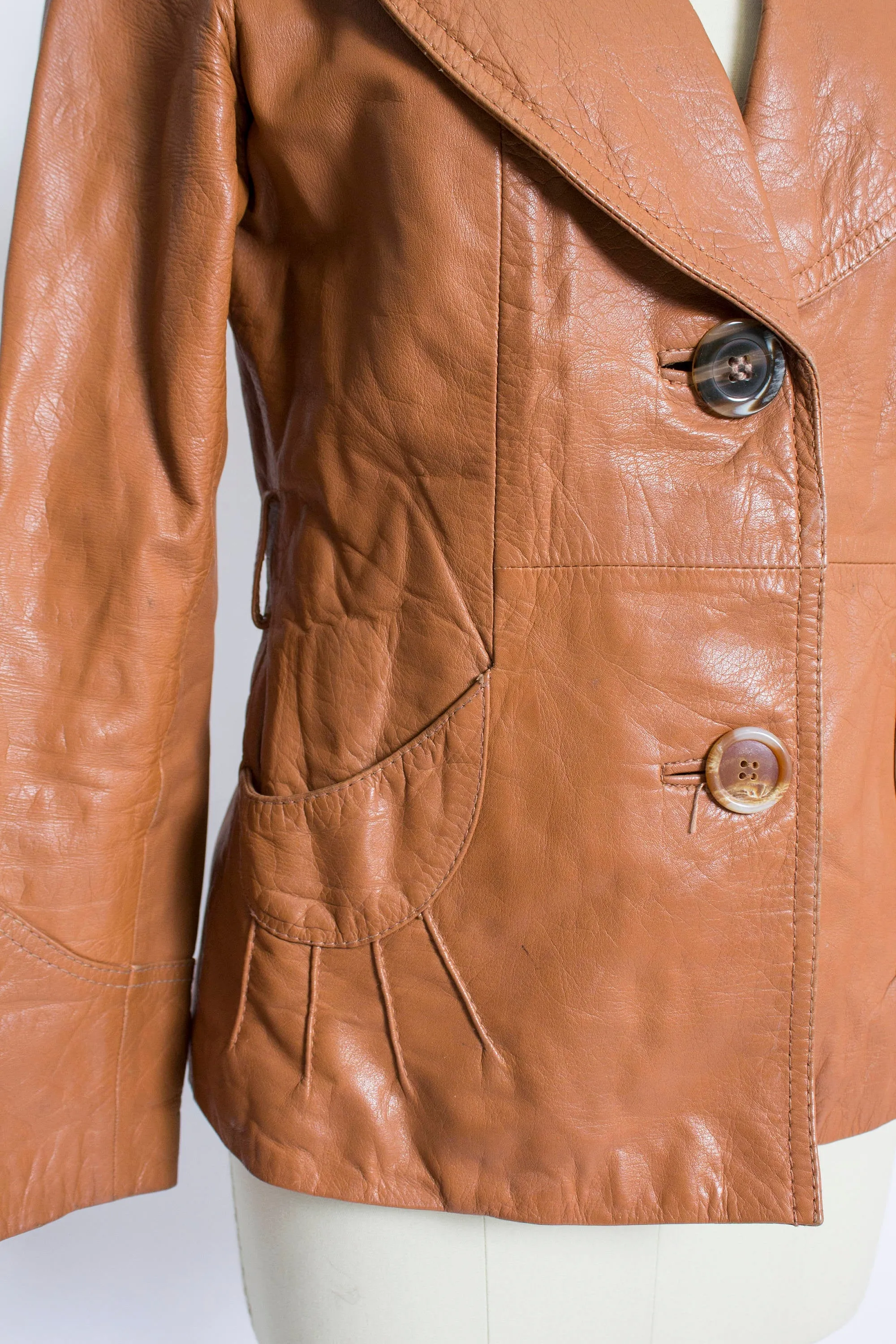 1970s Leather Jacket Sunburst Brown Cropped Small