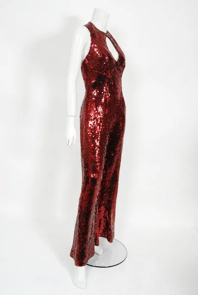 1970's Liza Minnelli Owned Red Sequin Stretch Knit Key-Hole Disco Jumpsuit