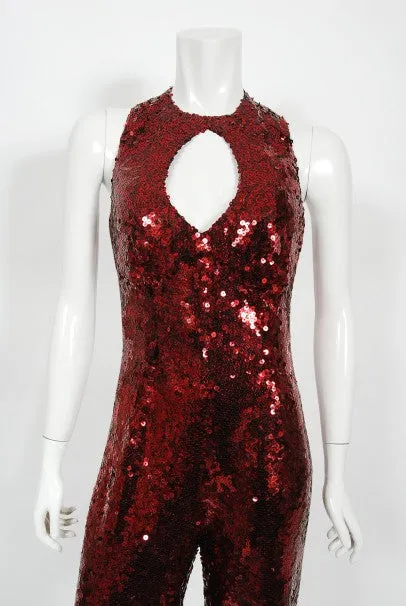 1970's Liza Minnelli Owned Red Sequin Stretch Knit Key-Hole Disco Jumpsuit