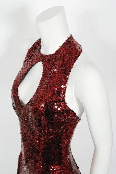 1970's Liza Minnelli Owned Red Sequin Stretch Knit Key-Hole Disco Jumpsuit