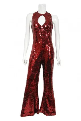 1970's Liza Minnelli Owned Red Sequin Stretch Knit Key-Hole Disco Jumpsuit