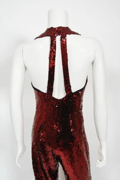 1970's Liza Minnelli Owned Red Sequin Stretch Knit Key-Hole Disco Jumpsuit