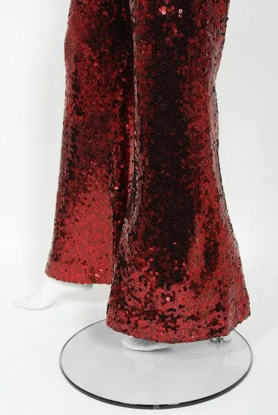 1970's Liza Minnelli Owned Red Sequin Stretch Knit Key-Hole Disco Jumpsuit