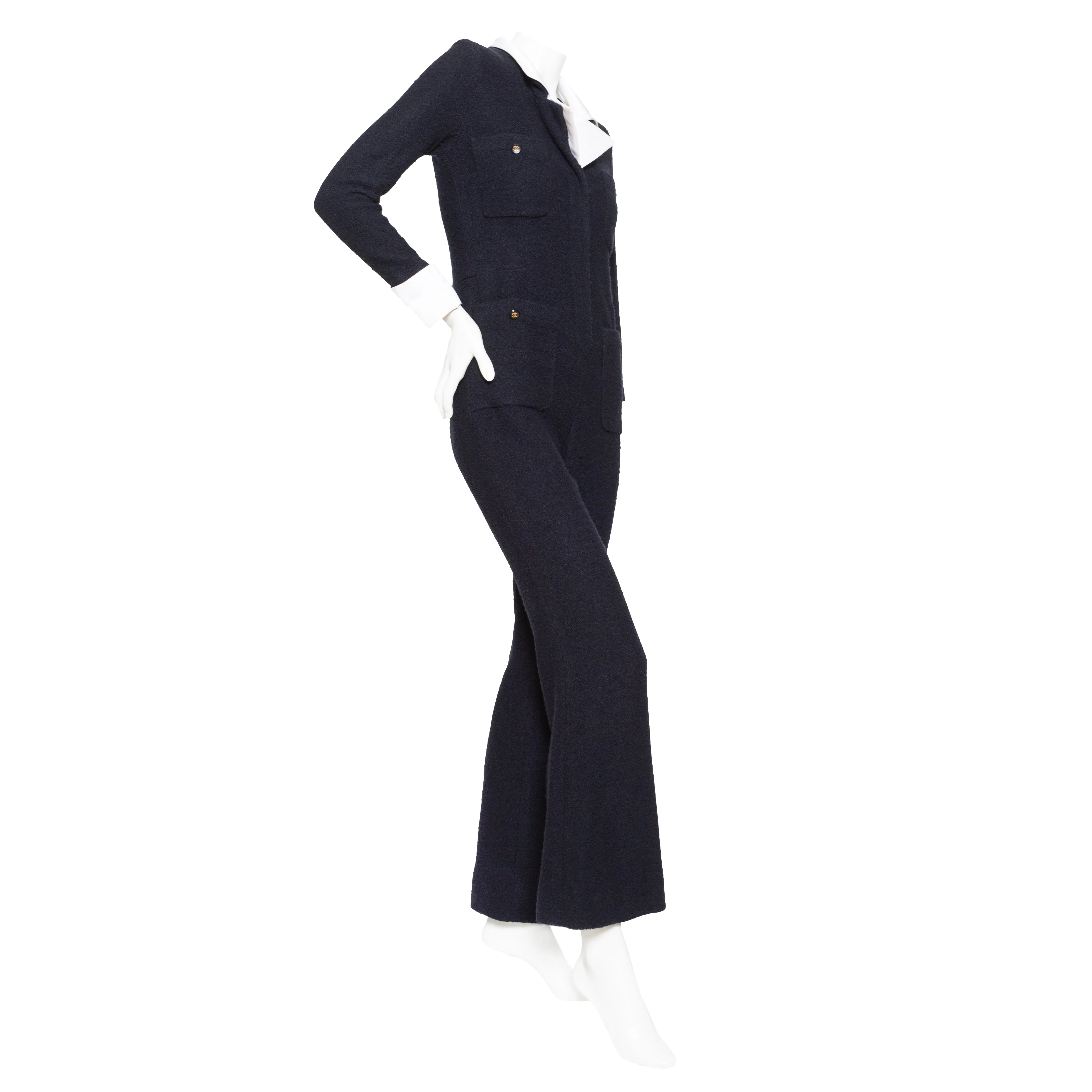 1990s Navy Blue Wool and Satin Collared Jumpsuit