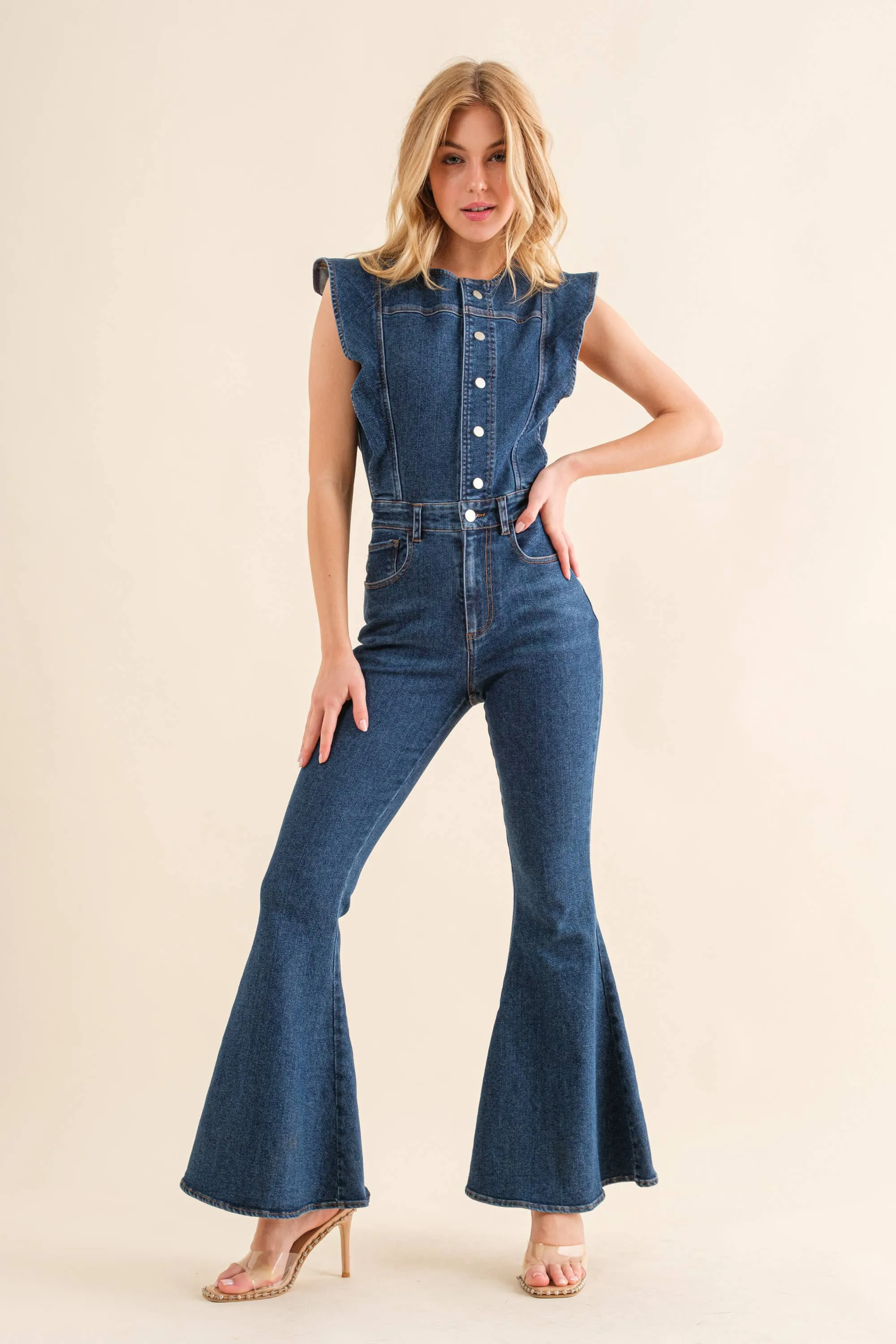 22646R - Ruffle SLV Button Up Bell Bottom Denim Jumpsuit medium wash