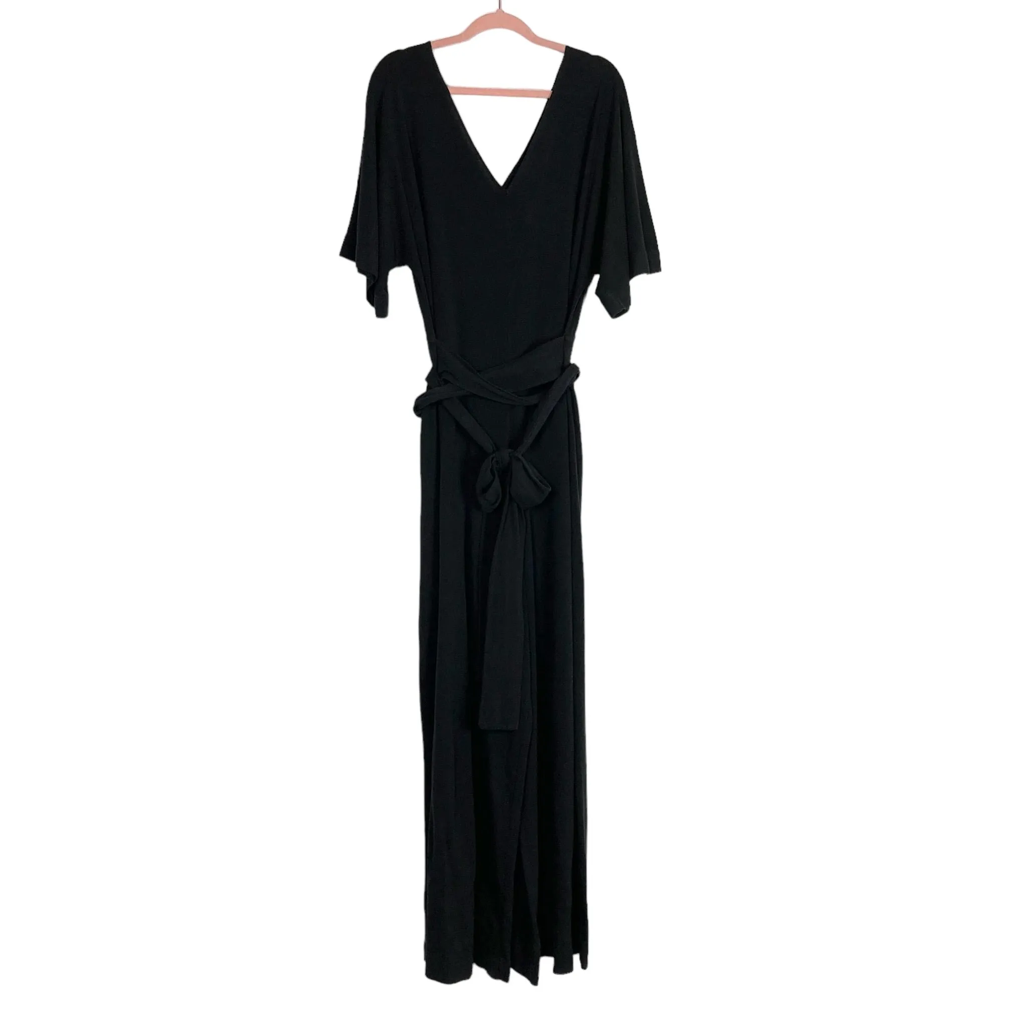 Able Black Front and Back Deep V with Wraparound Tie Belt Wide Leg Jumpsuit- Size XL (see notes)