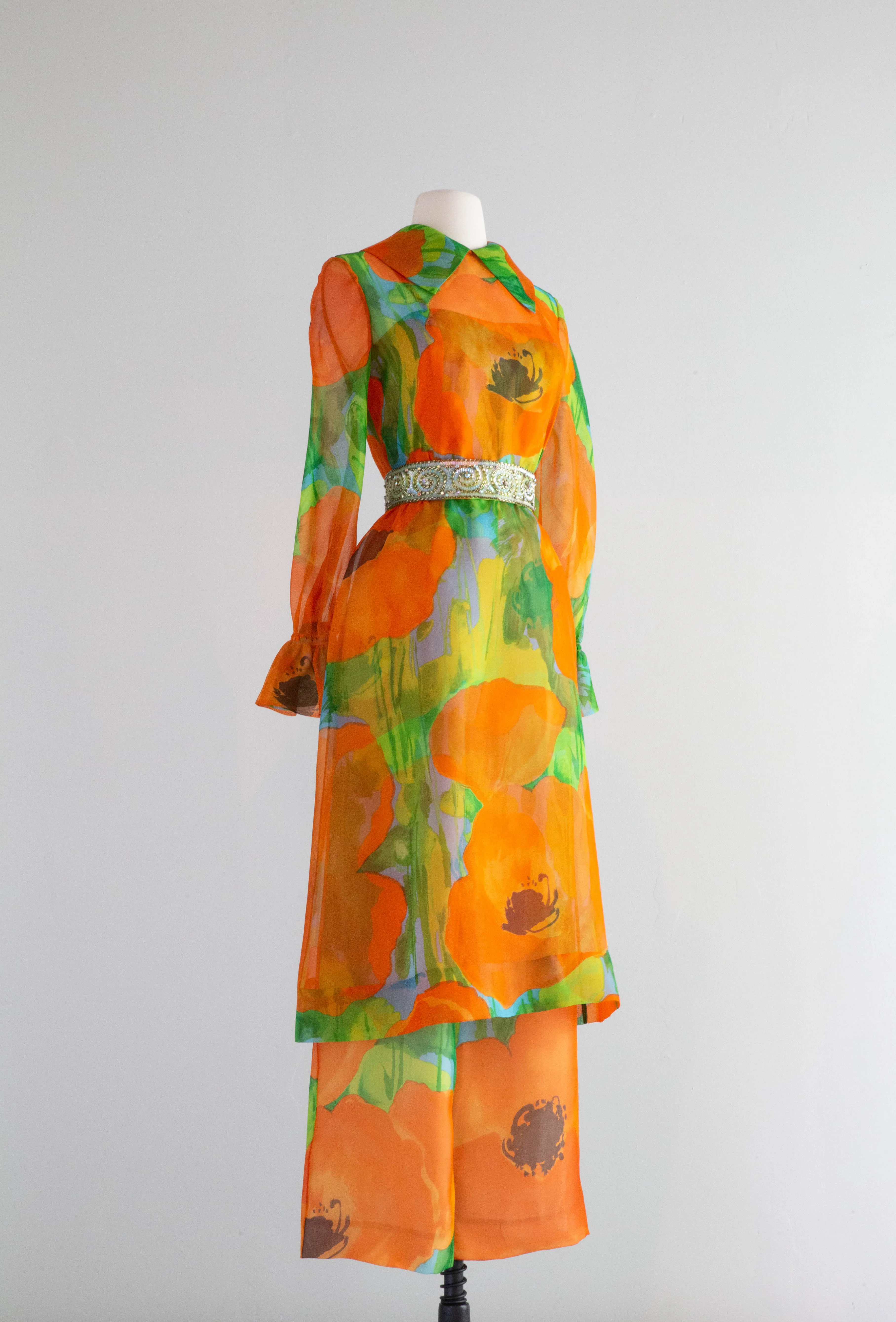 Absolutely FABULOUS 1960's Poppy Print Silk Jumpsuit / Small