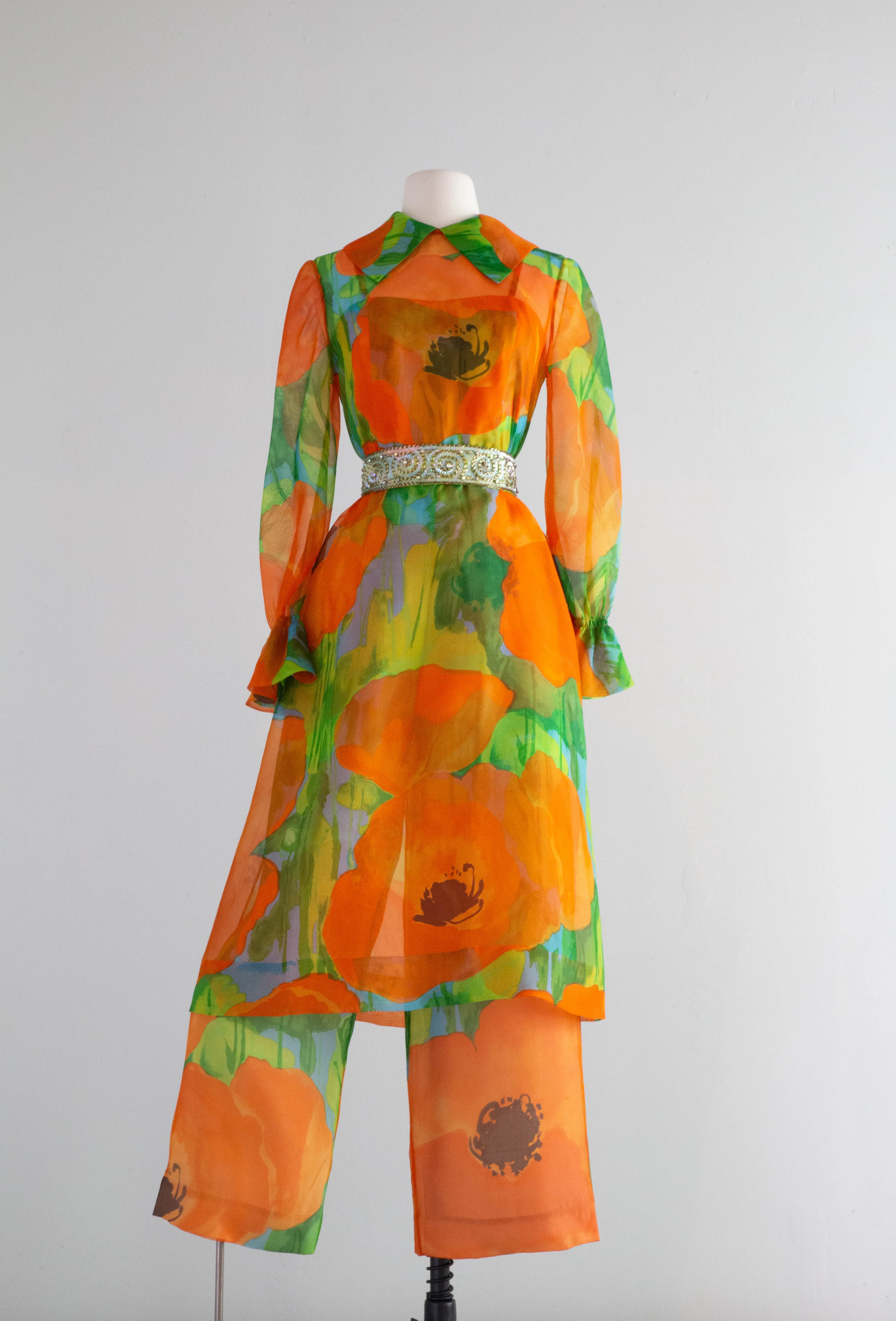 Absolutely FABULOUS 1960's Poppy Print Silk Jumpsuit / Small