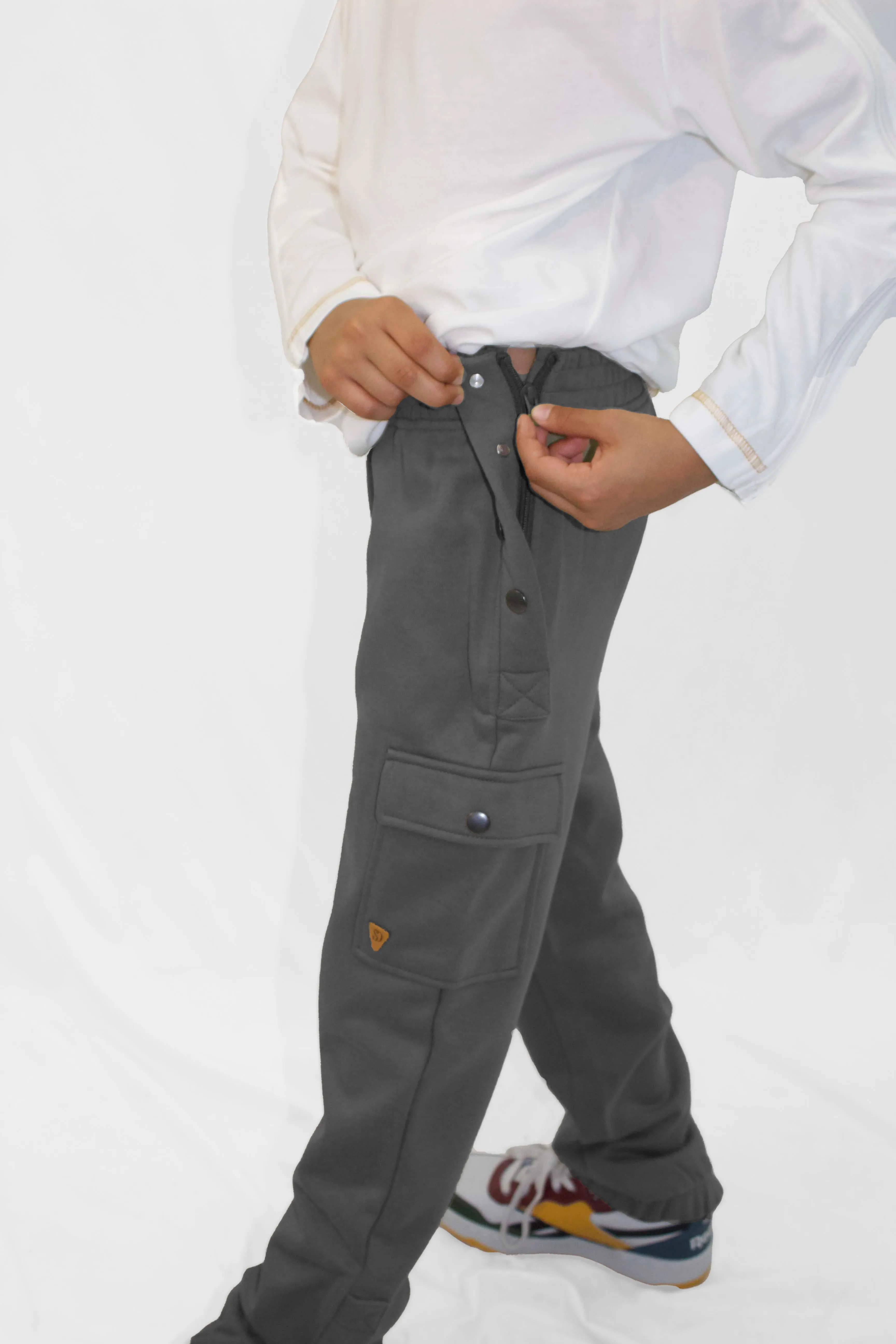 Adaptive Kids Cargo Joggers: Adjustable Elastic Waist & Side Zipper for Easy Undressing