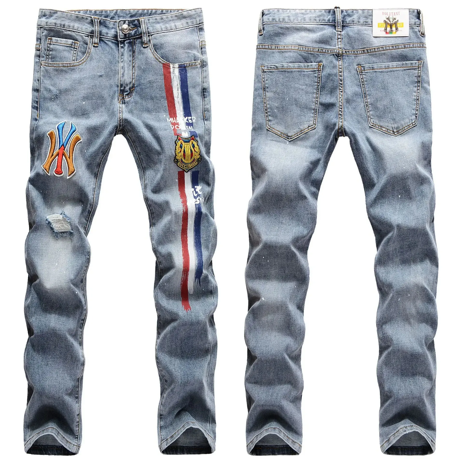 AIPA Embroidered Jeans Men's Color Graffiti Youth Slim Stretch Ripped High-end Trendy Trousers Men Clothings