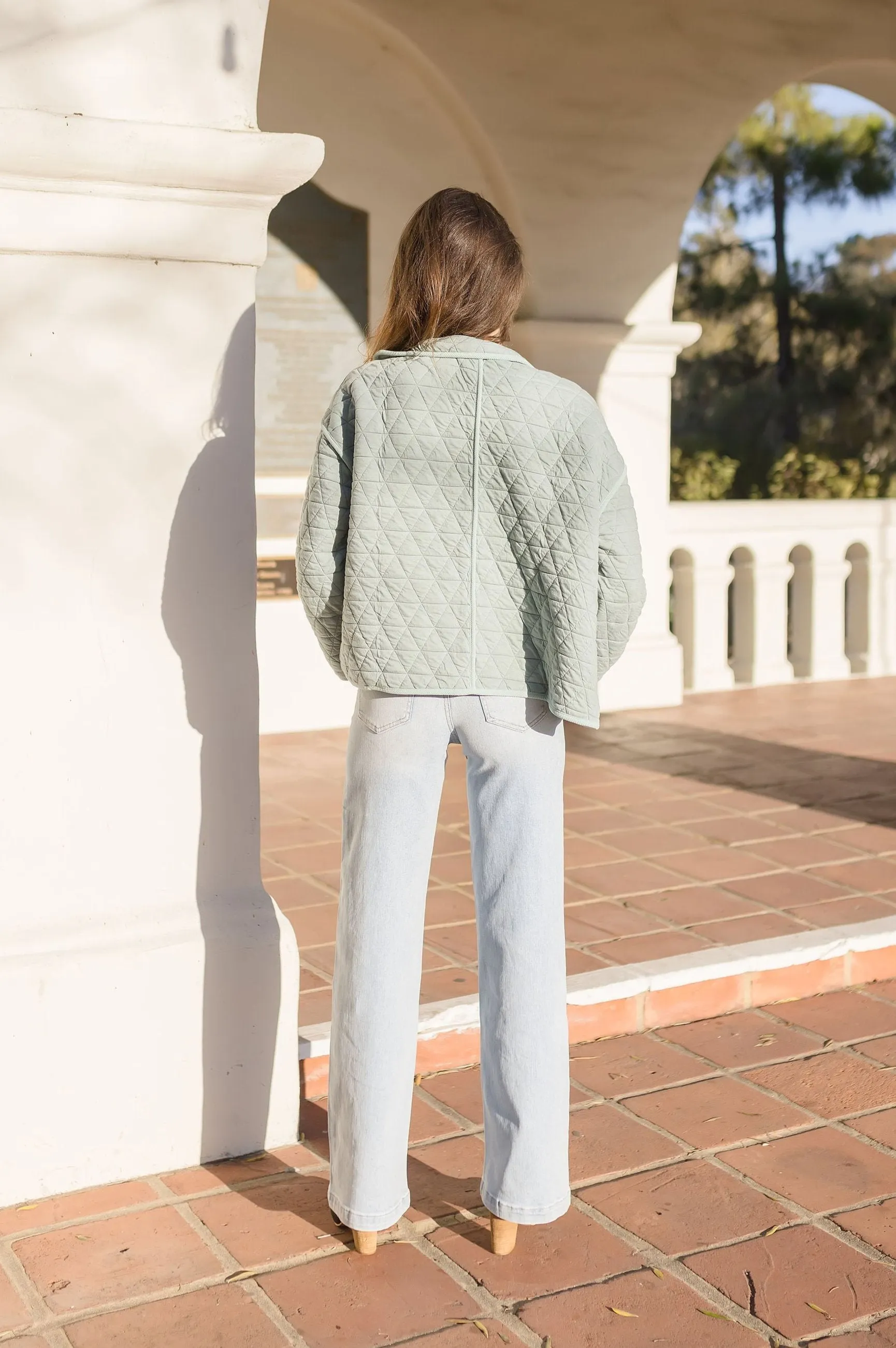 Amy Long Sleeve Open Front Quilted Shacket Sage