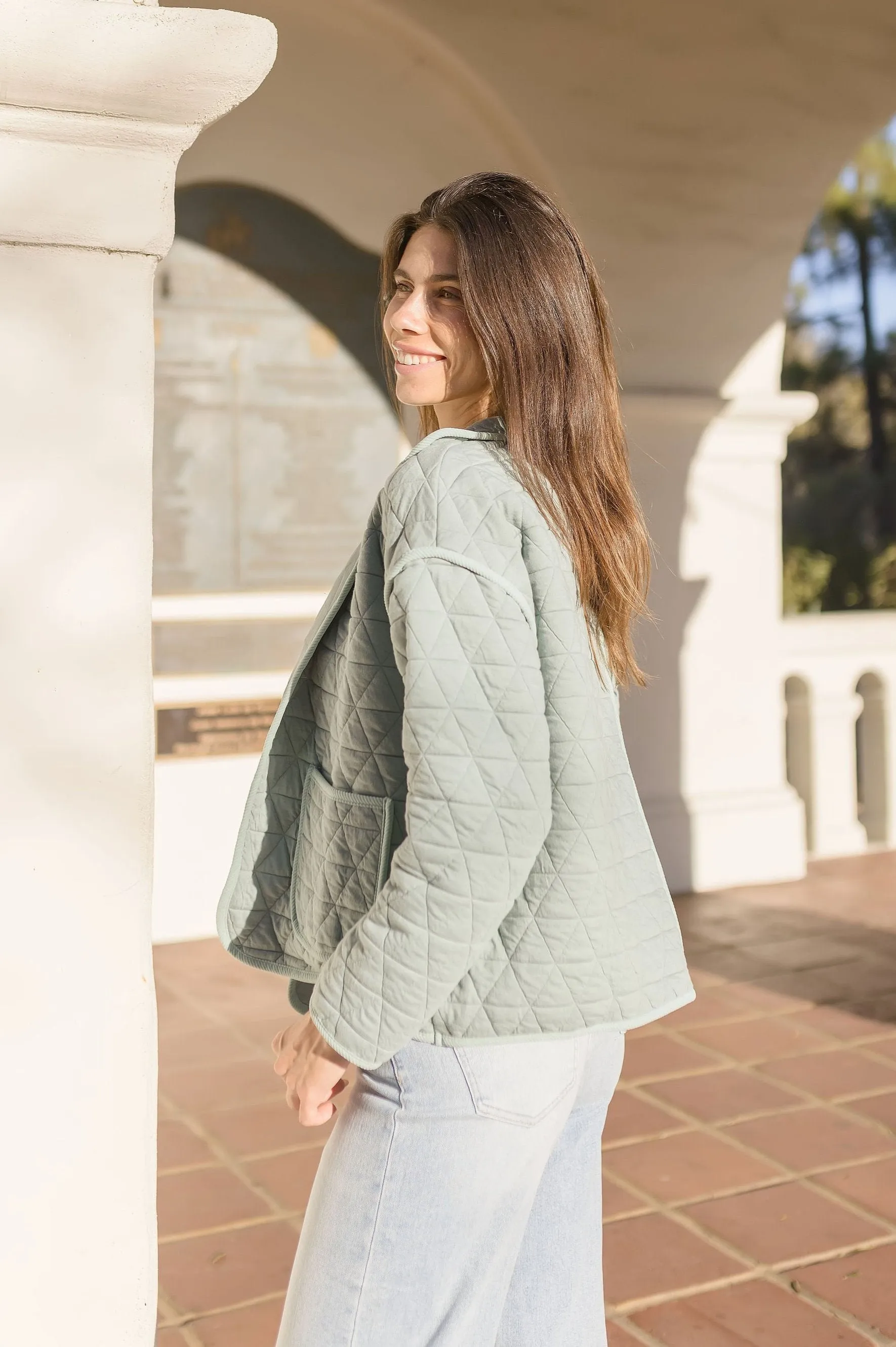 Amy Long Sleeve Open Front Quilted Shacket Sage