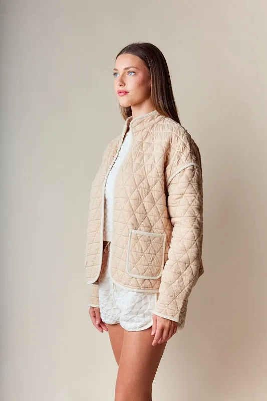 Amy Long Sleeve Open Front Quilted Shacket Taupe