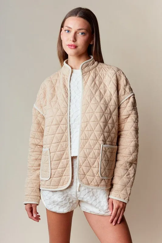 Amy Long Sleeve Open Front Quilted Shacket Taupe