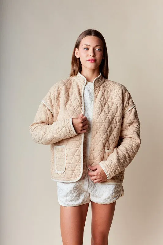 Amy Long Sleeve Open Front Quilted Shacket Taupe