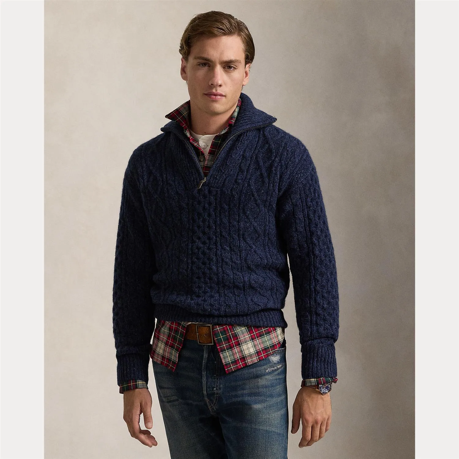 ARAN WOOL-ALPACA QUARTER-ZIP SWEATER