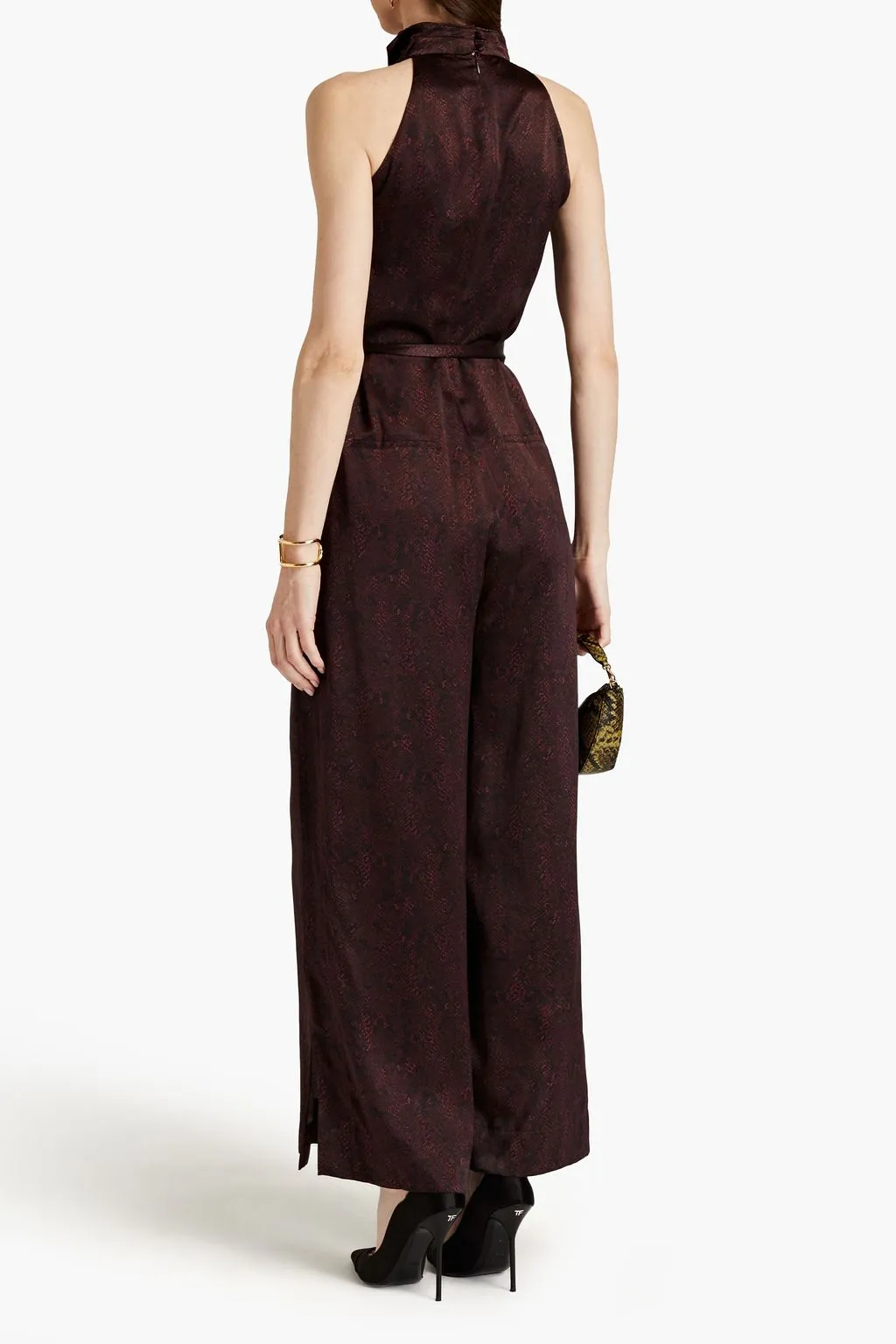 Ashley silk satin jumpsuit with snake print and belt NICHOLAS, burgundy