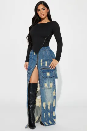 Athena Distressed Denim Maxi Skirt - Dark Wash