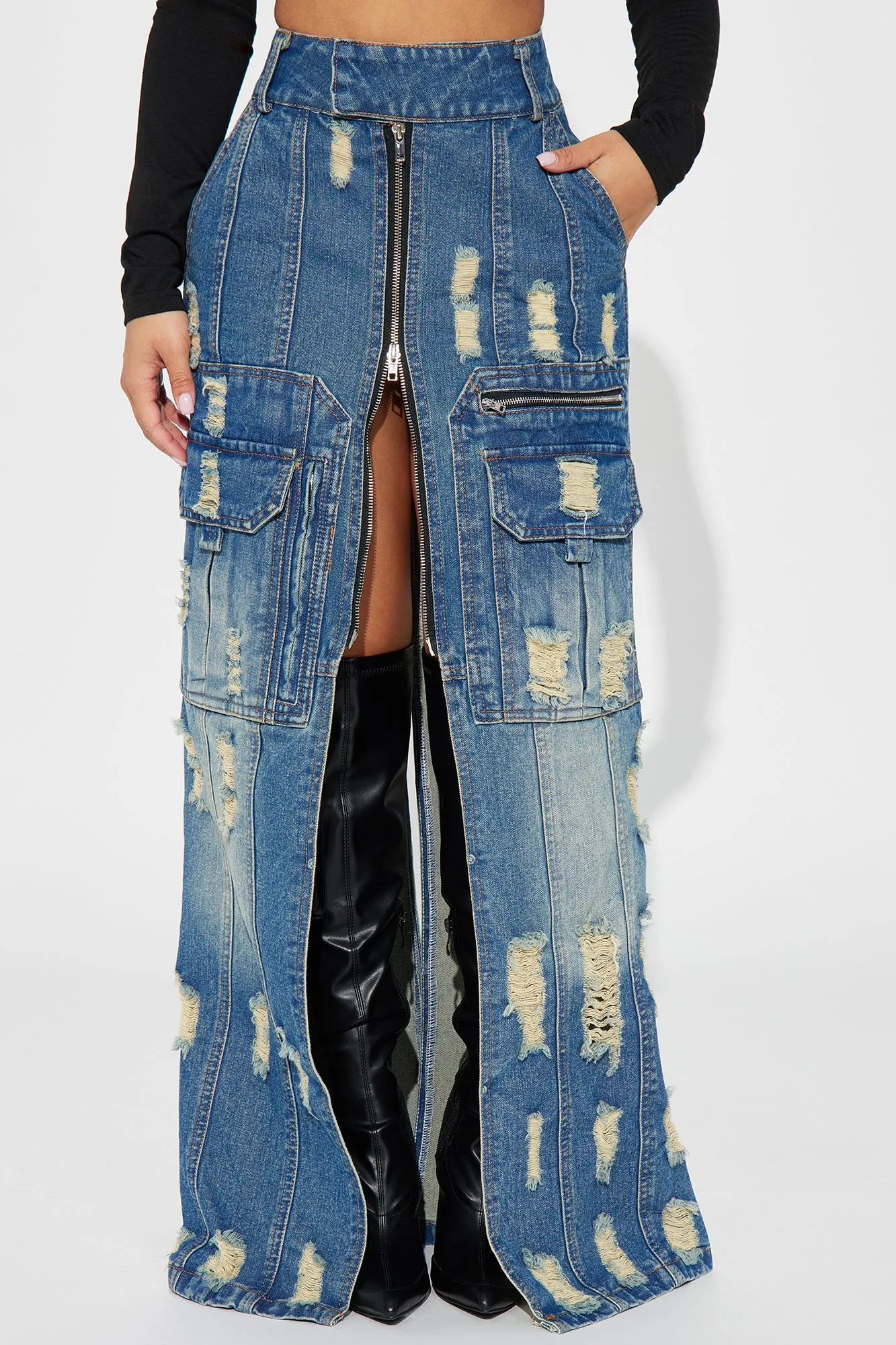 Athena Distressed Denim Maxi Skirt - Dark Wash