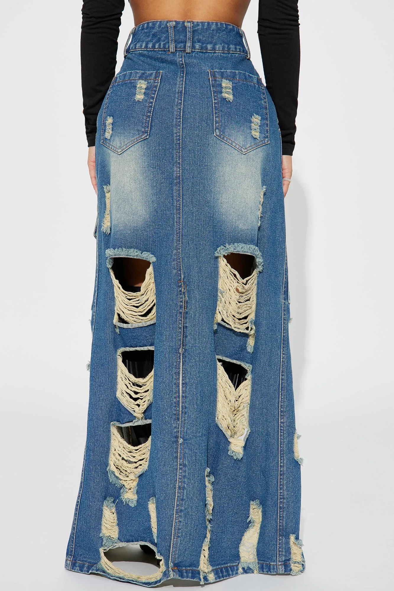 Athena Distressed Denim Maxi Skirt - Dark Wash