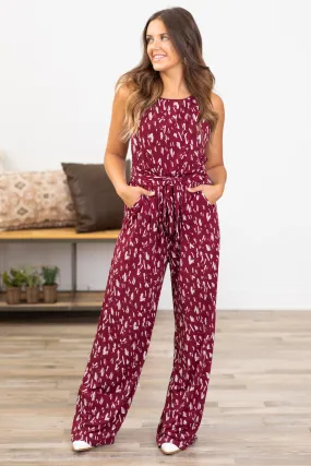 Berry Abstract Print Jumpsuit With Pockets