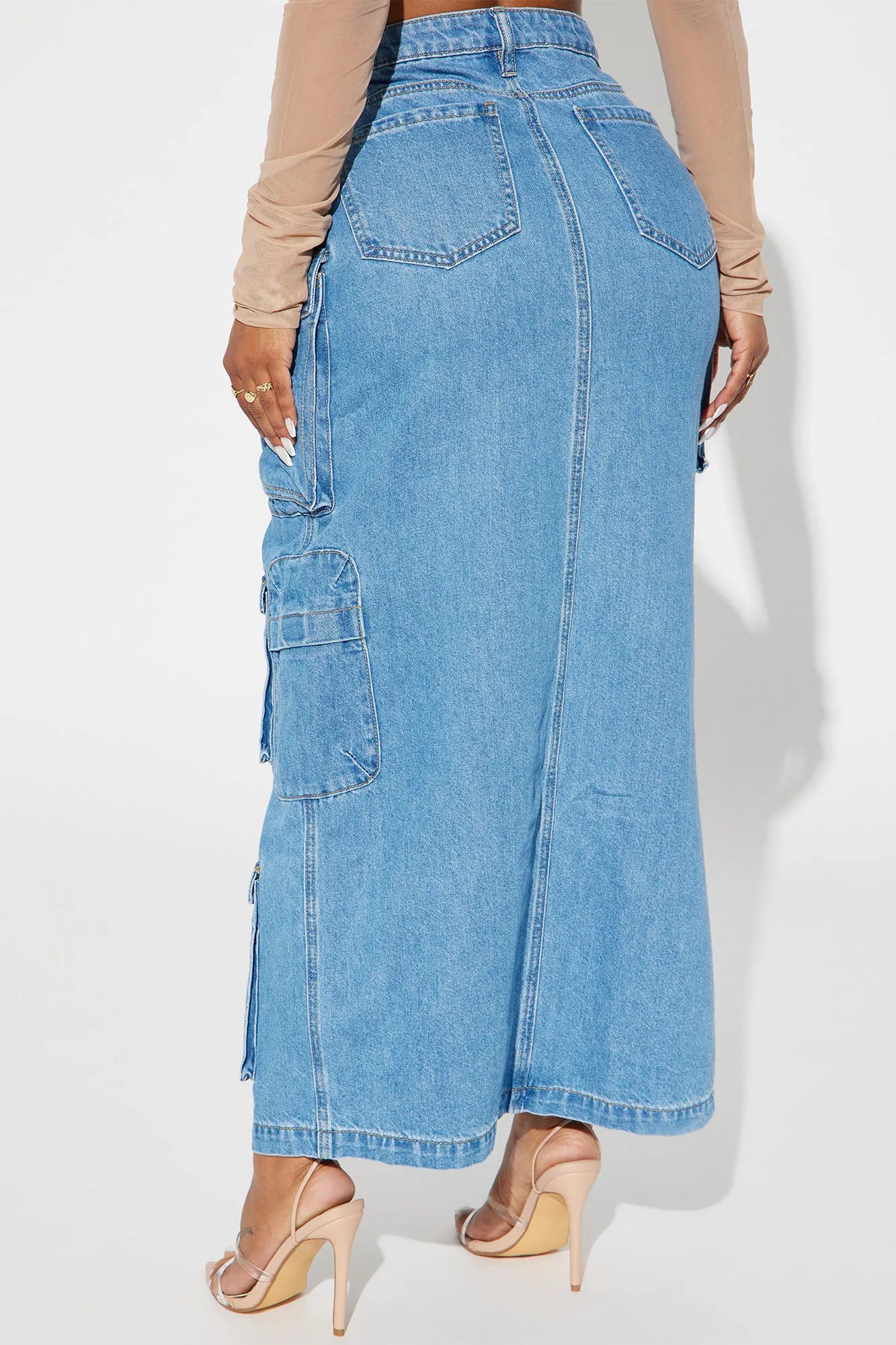 Big Energy Denim Cargo Maxi Skirt - Medium Wash