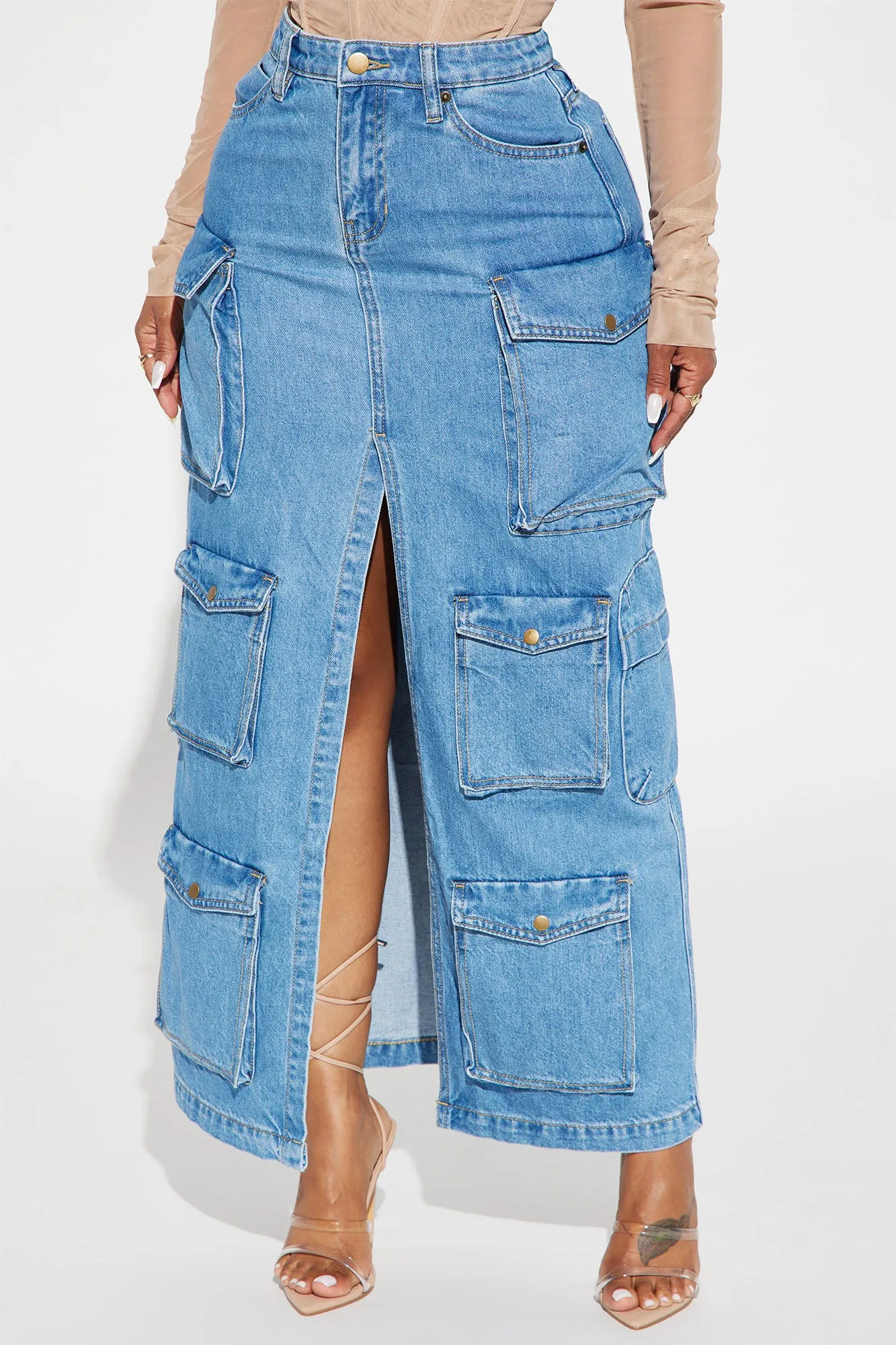 Big Energy Denim Cargo Maxi Skirt - Medium Wash