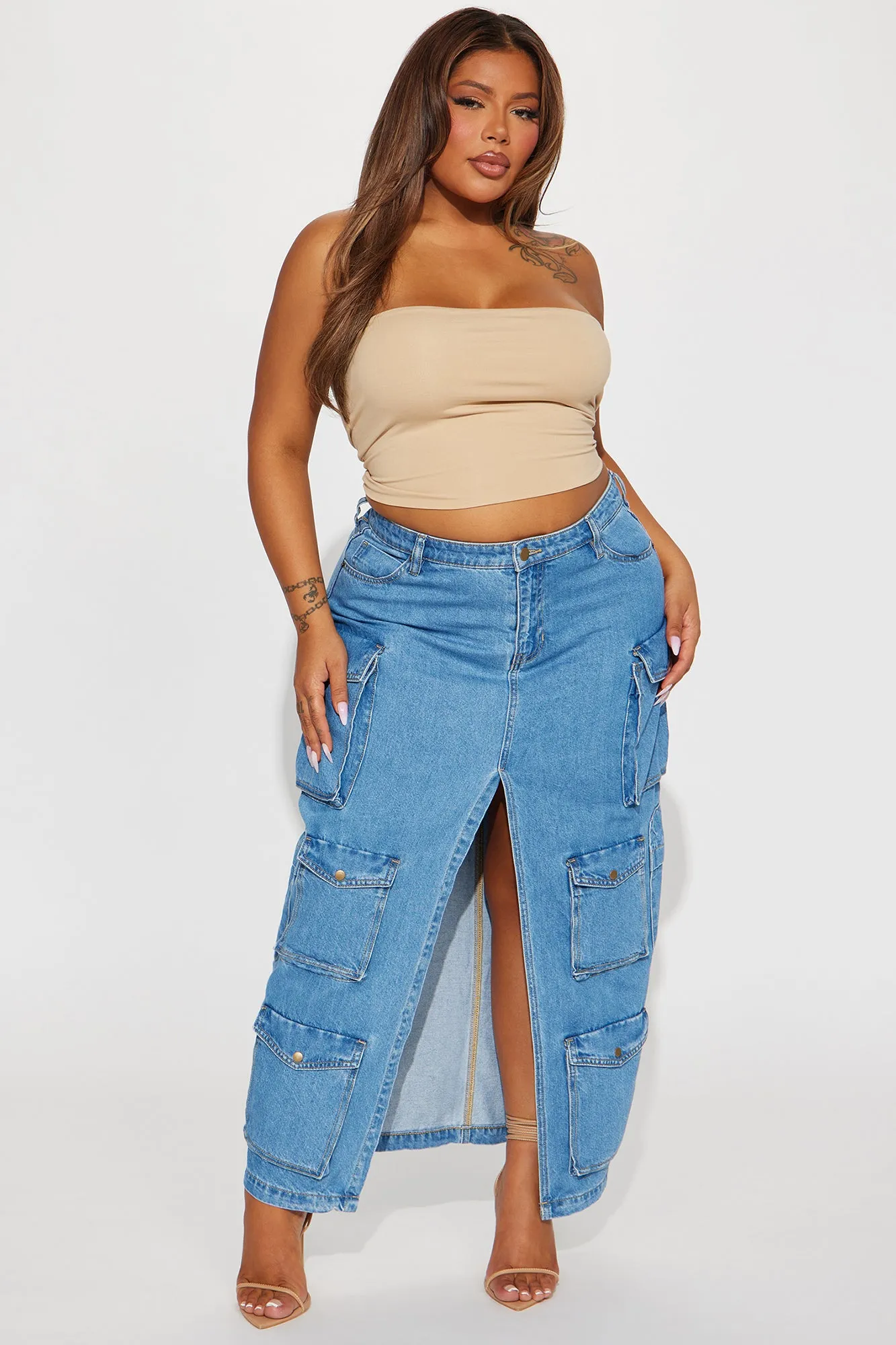 Big Energy Denim Cargo Maxi Skirt - Medium Wash