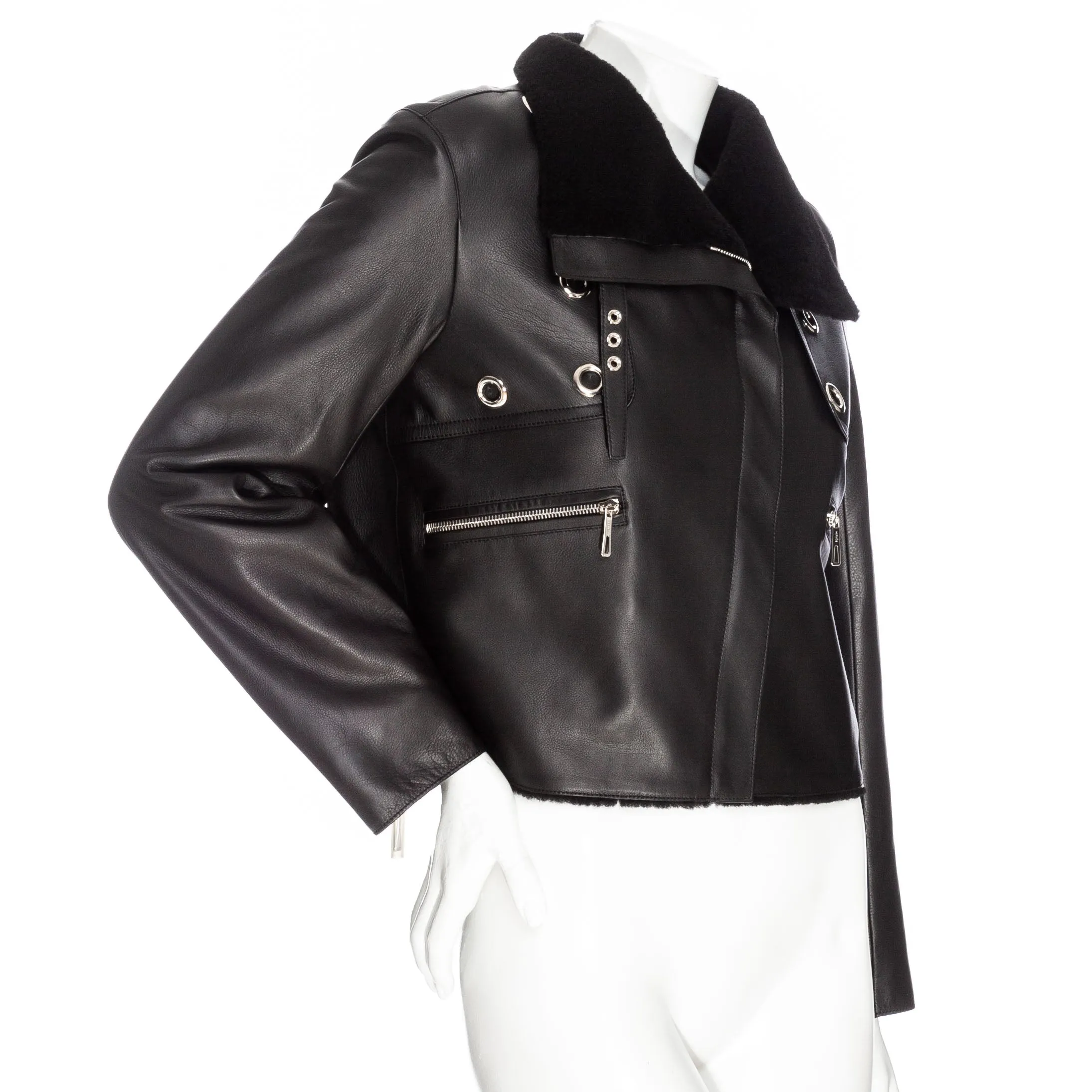 Black Leather Shearling-Lined Cropped Biker Jacket