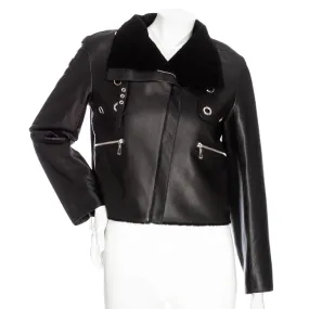 Black Leather Shearling-Lined Cropped Biker Jacket