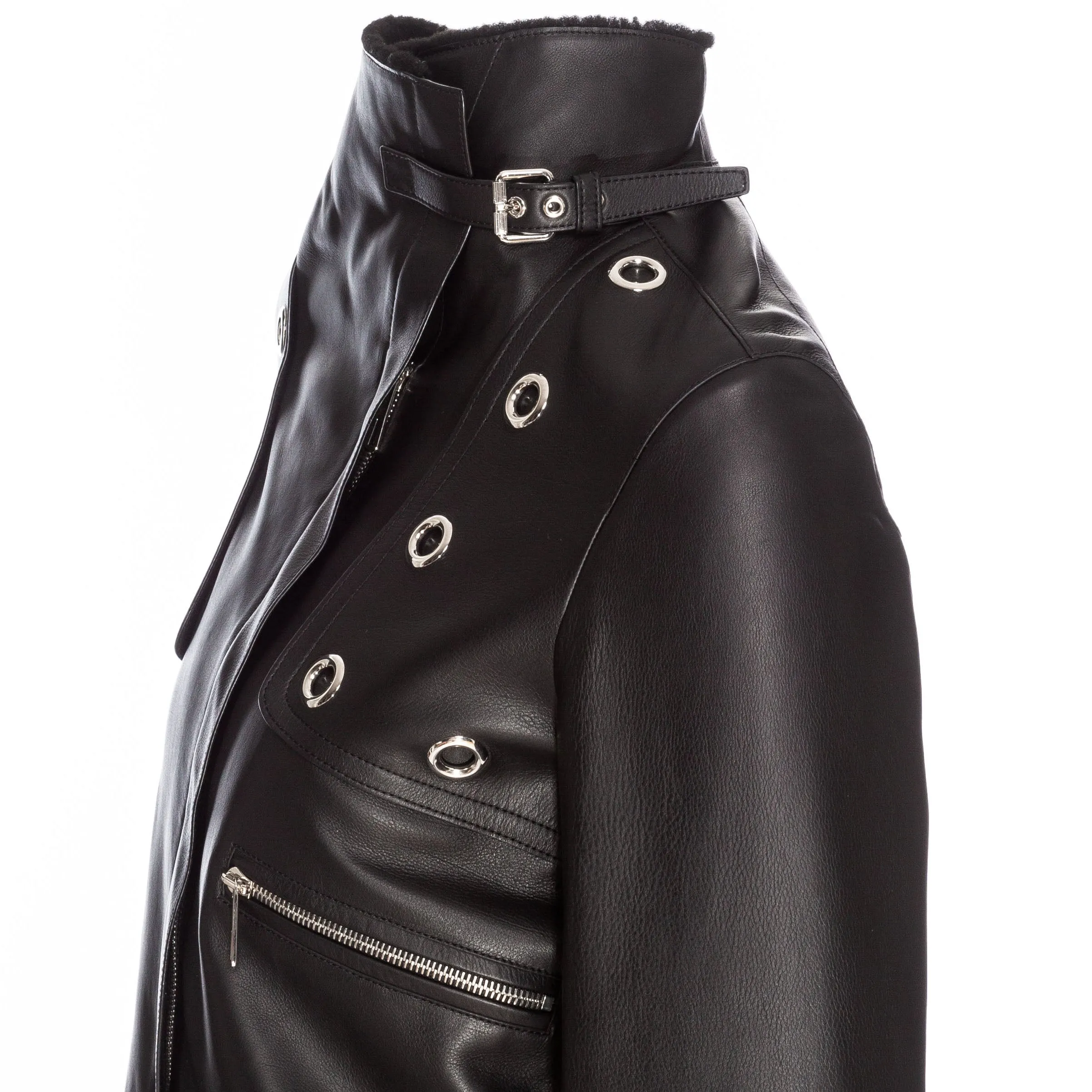 Black Leather Shearling-Lined Cropped Biker Jacket