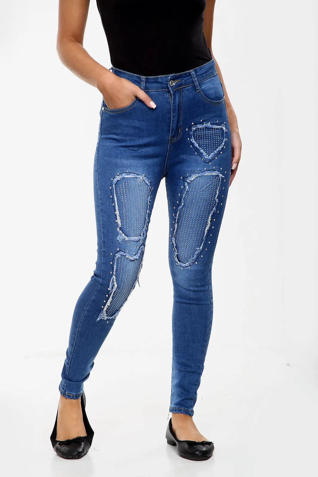 BLUE Diamante Ladies High waisted jeans