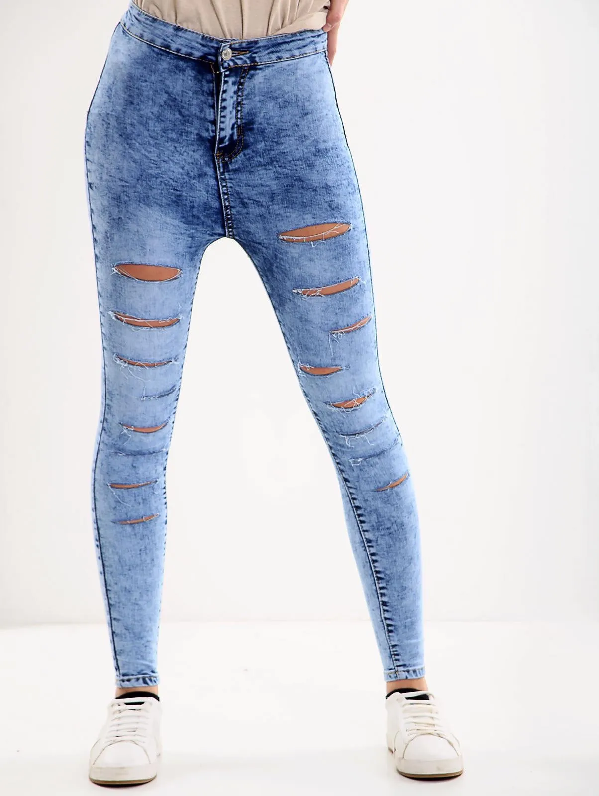 Blue Ladies High waisted multi cut jeans