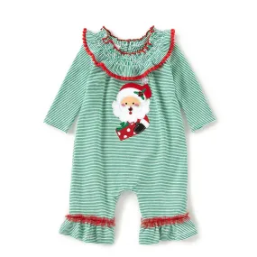 BONNIE JEAN GIRL'S Christmas Romper Coverall, Santa Applique Green, 4T, NWT! $35