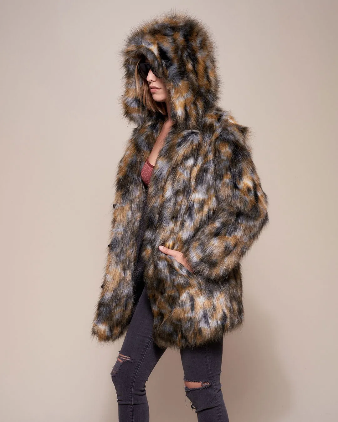 Brindle Wolf Hooded Faux Fur Coat | Women's