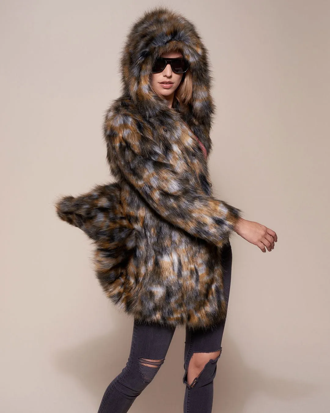 Brindle Wolf Hooded Faux Fur Coat | Women's