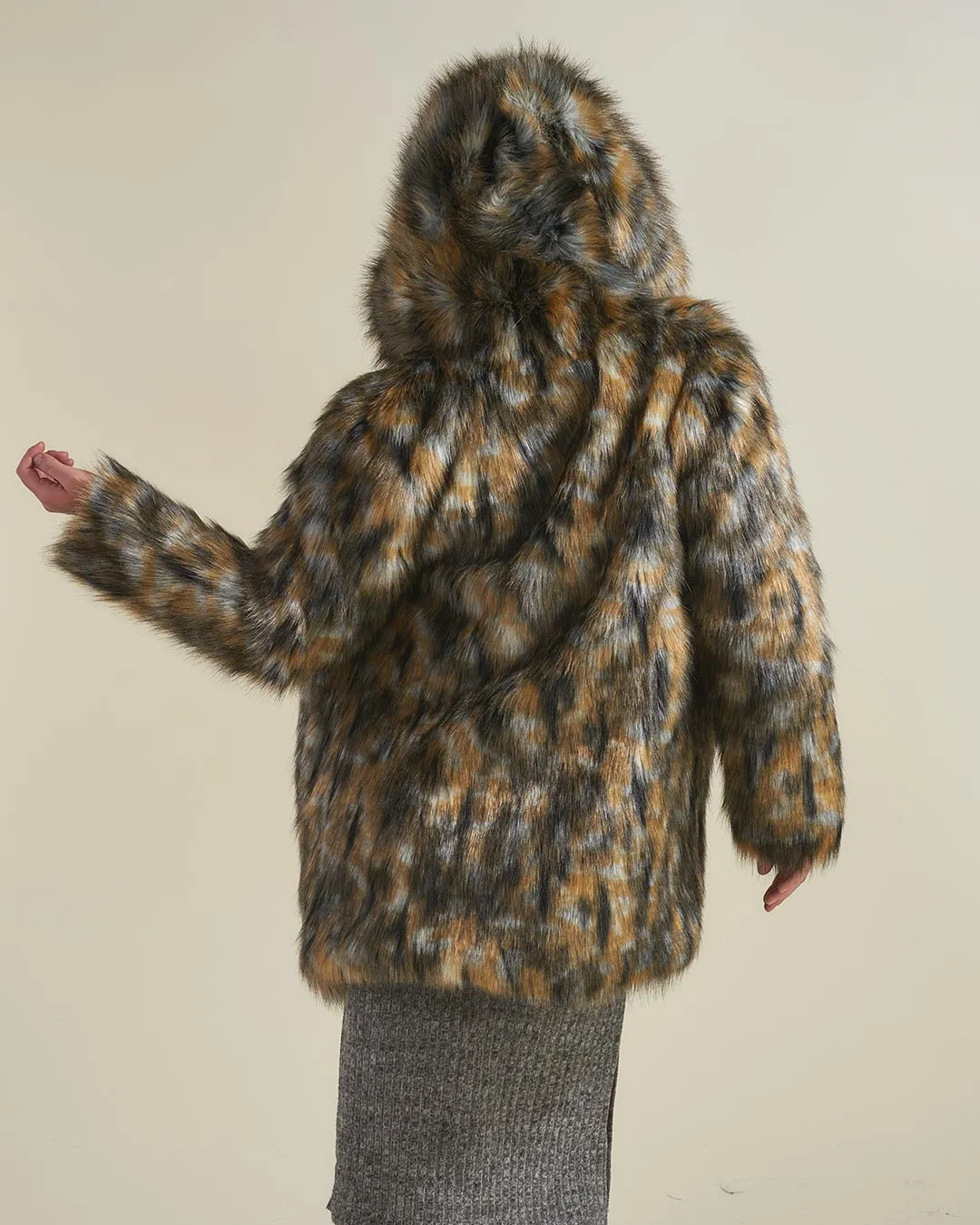 Brindle Wolf Hooded Faux Fur Coat | Women's