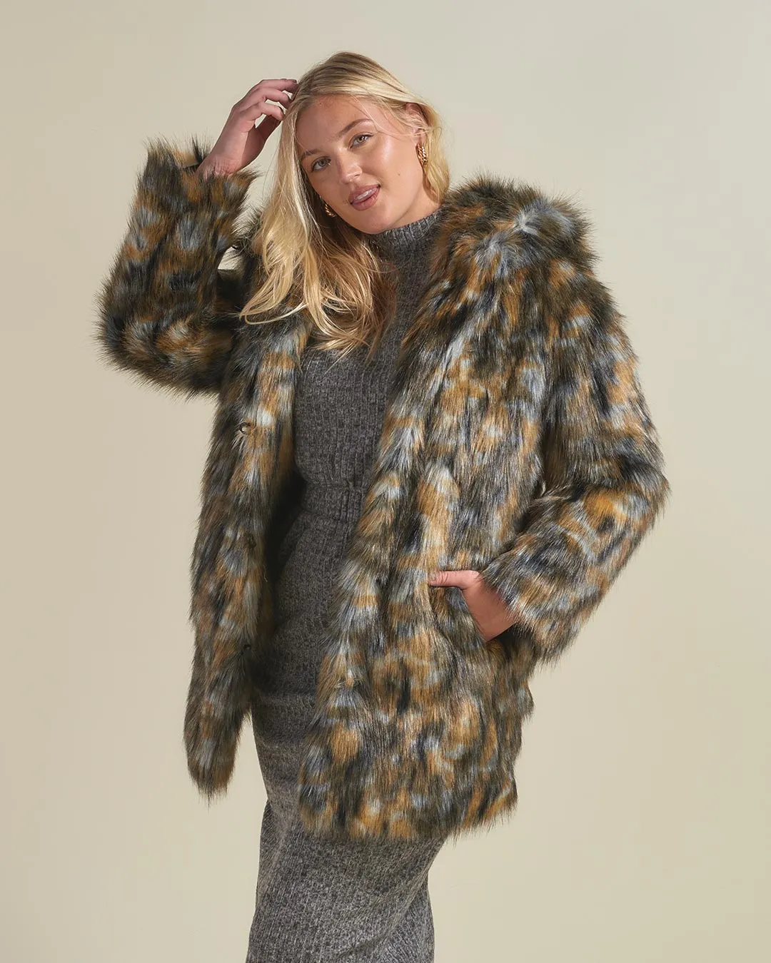 Brindle Wolf Hooded Faux Fur Coat | Women's