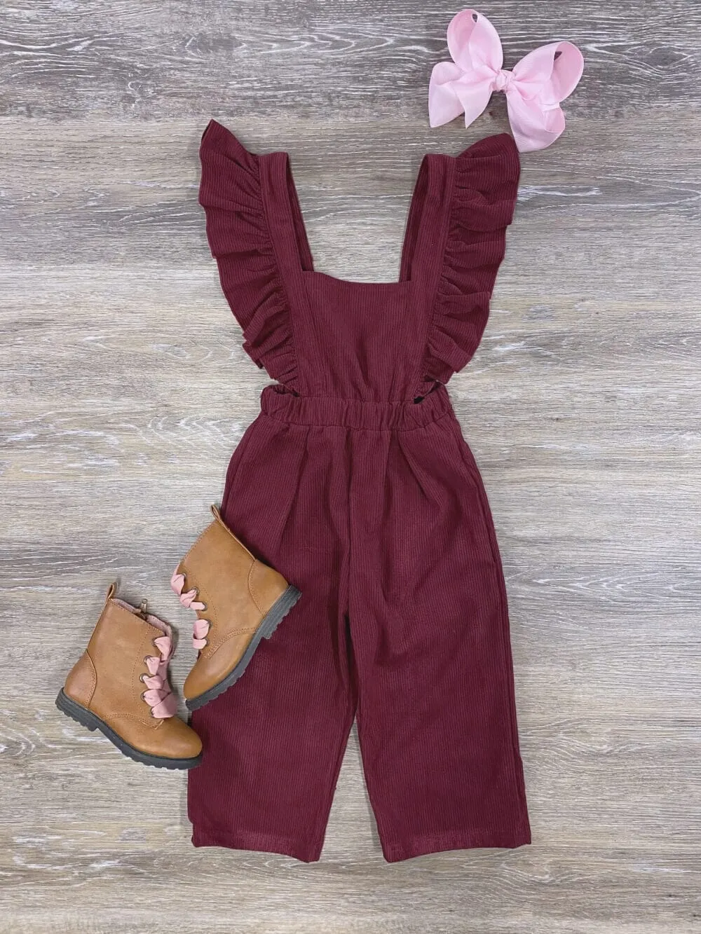 Burgundy Corduroy Ruffle Girls Jumpsuit