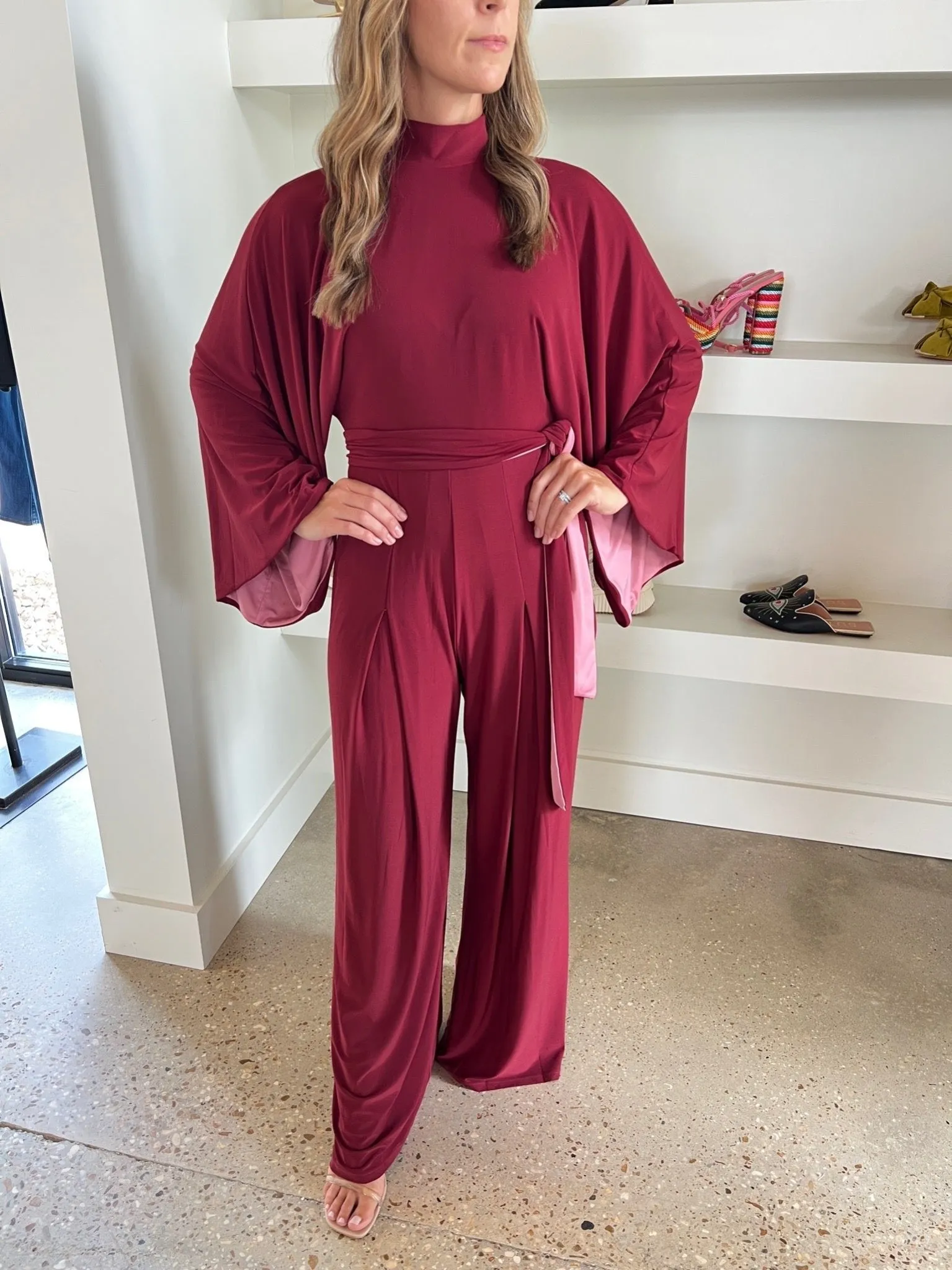 Burgundy Kimono Sleeve Jumpsuit