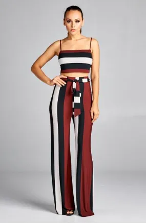 Burgundy Striped Belted Top and Bottom