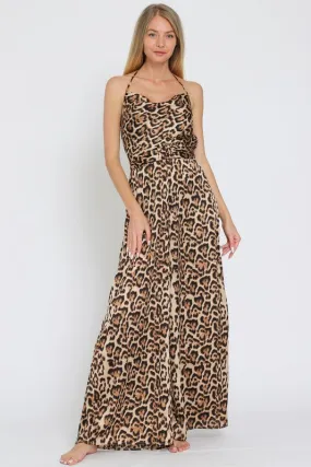 Celeste Sleeveless Cowl Neck Leopard Print Jumpsuit Brown