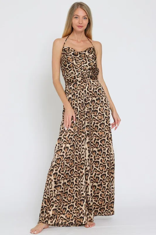 Celeste Sleeveless Cowl Neck Leopard Print Jumpsuit Brown