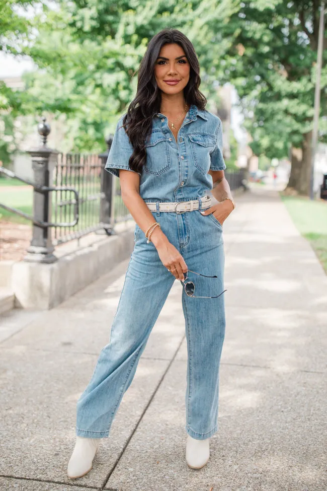 Chances Are Medium Wash Button Up Denim Jumpsuit