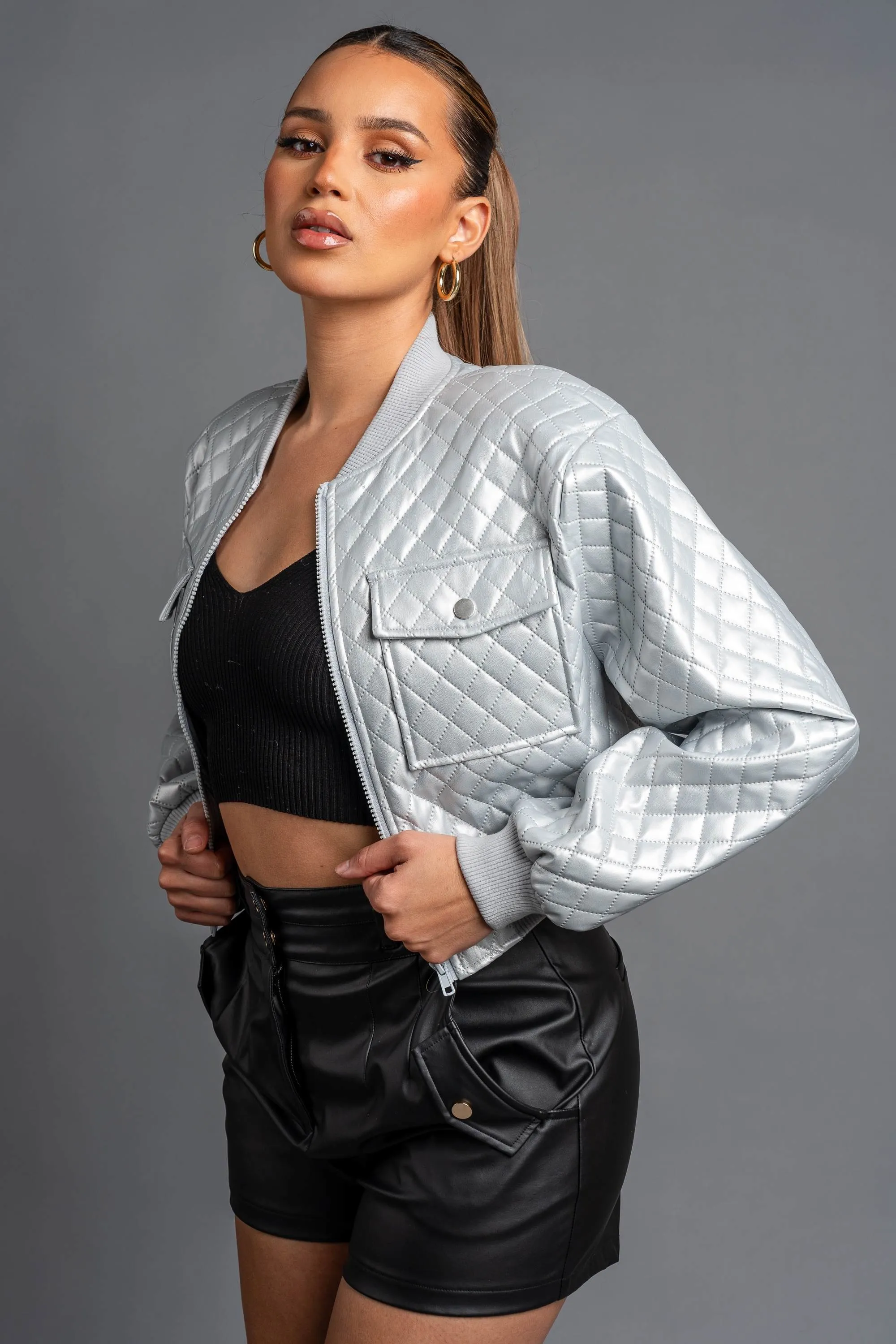 CHIC QUILTED PLEATER CROPPED PU BOMBER JACKET