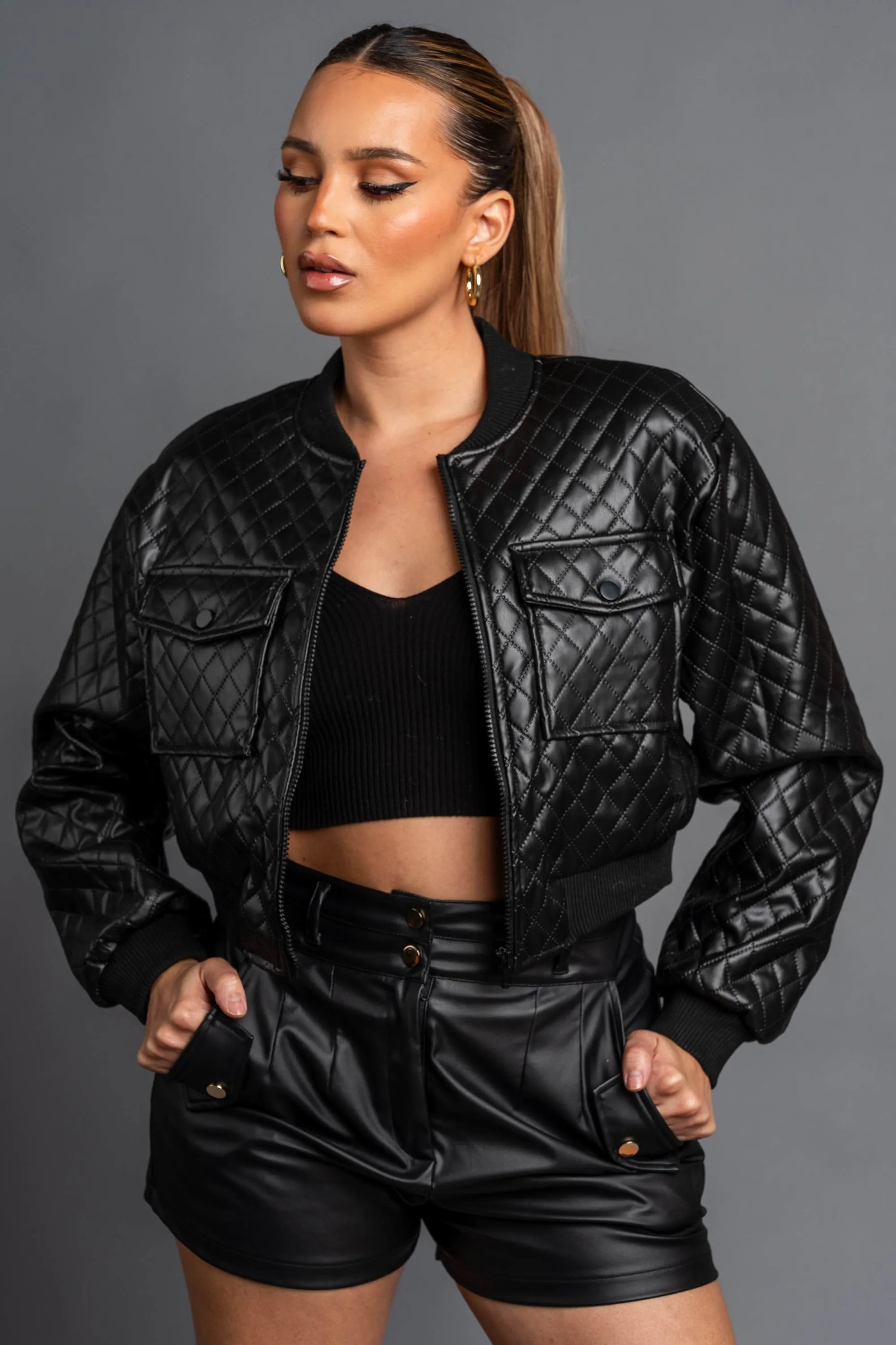 CHIC QUILTED PLEATER CROPPED PU BOMBER JACKET